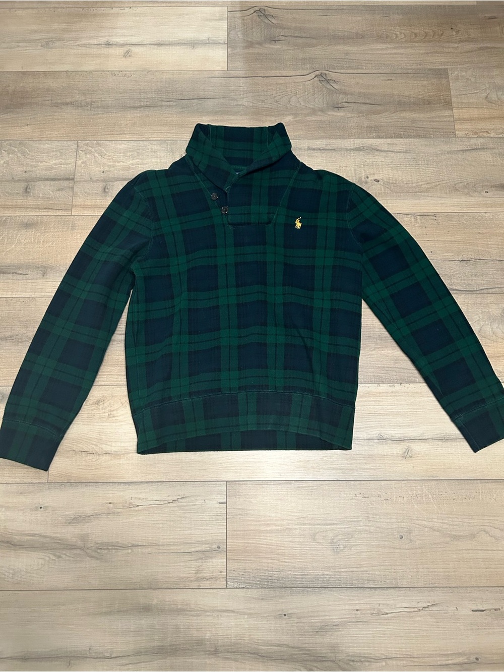Ralph Lauren Green & Navy Plaid Turtleneck Quarter Button Sweater